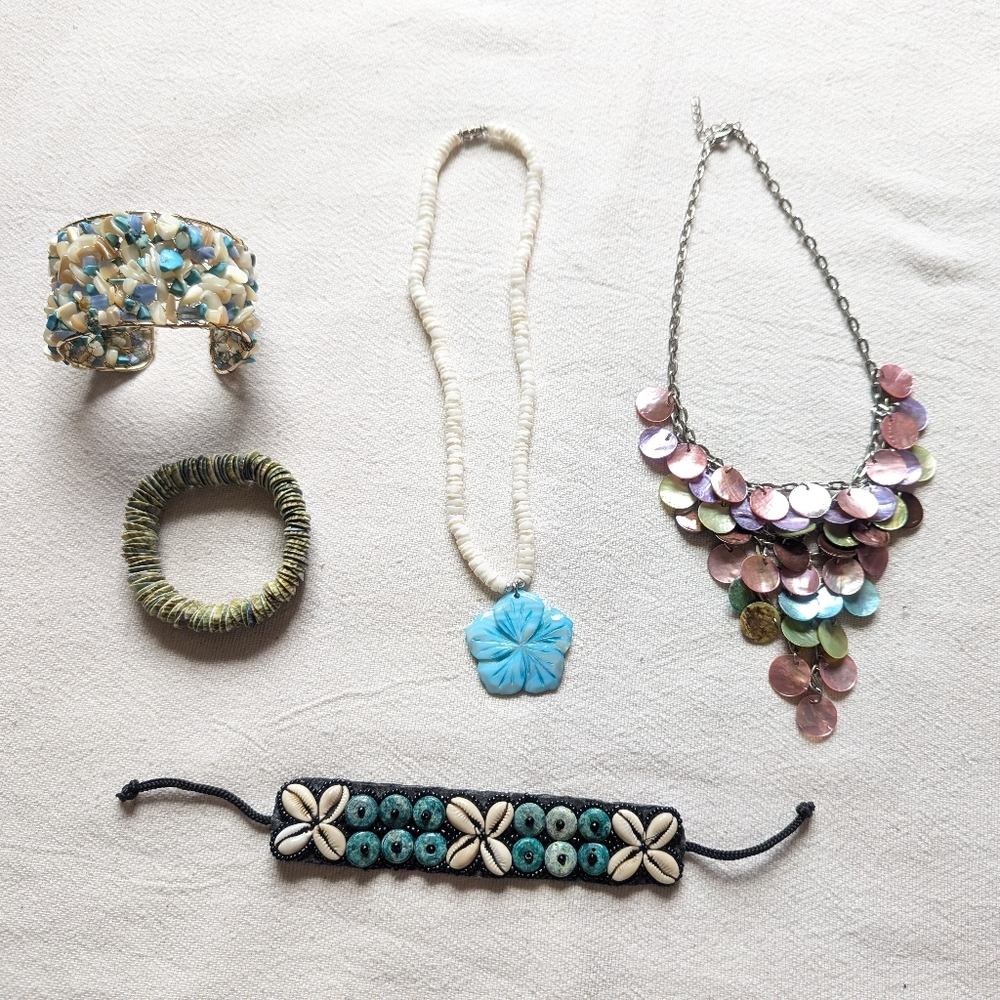 Multicolor Sea Shell Necklace Bracelet Cuff Bundle Set Plumeria Corral Abalone